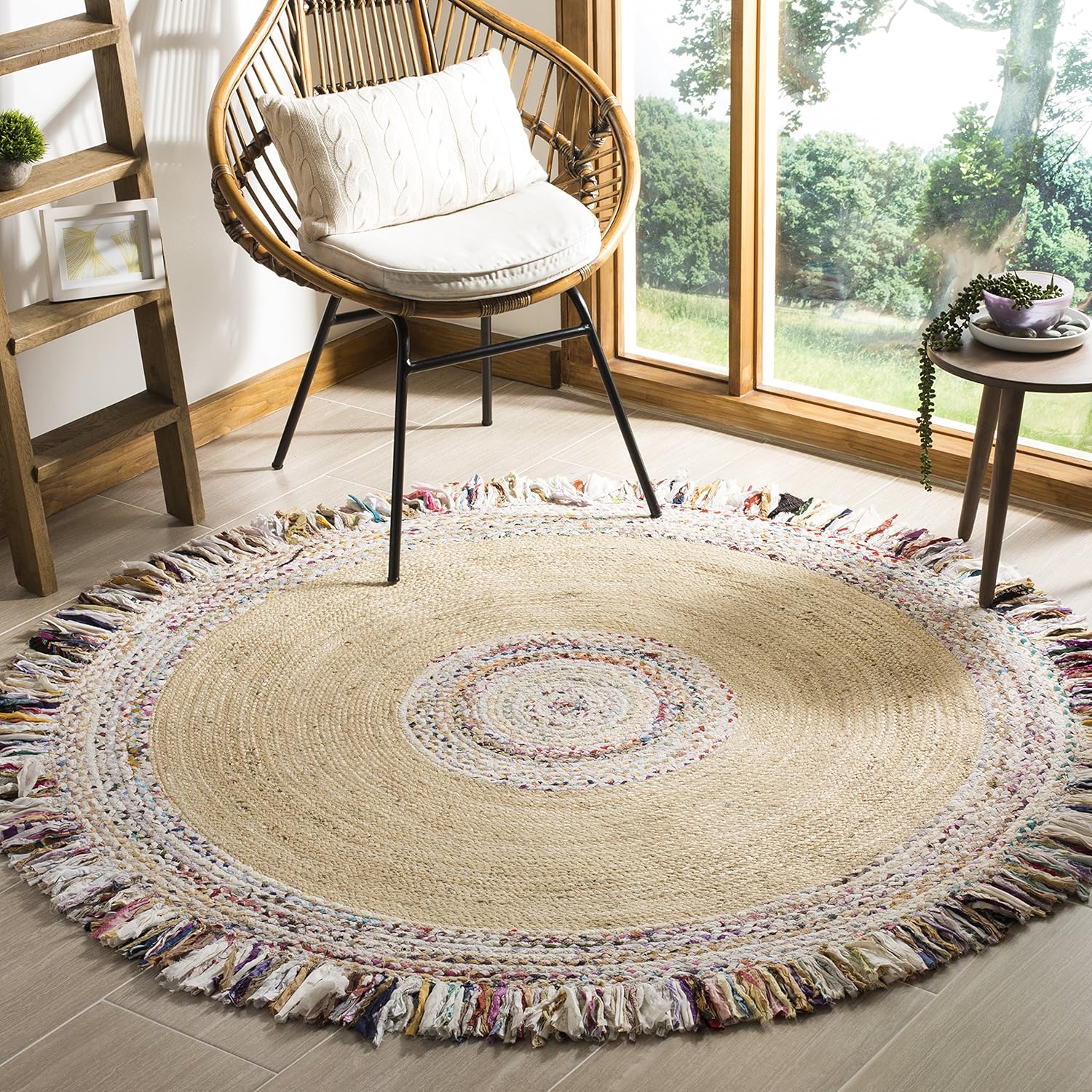Handmade Round Jute Rug with Multicolor Fringe | Boho Natural Area Rug