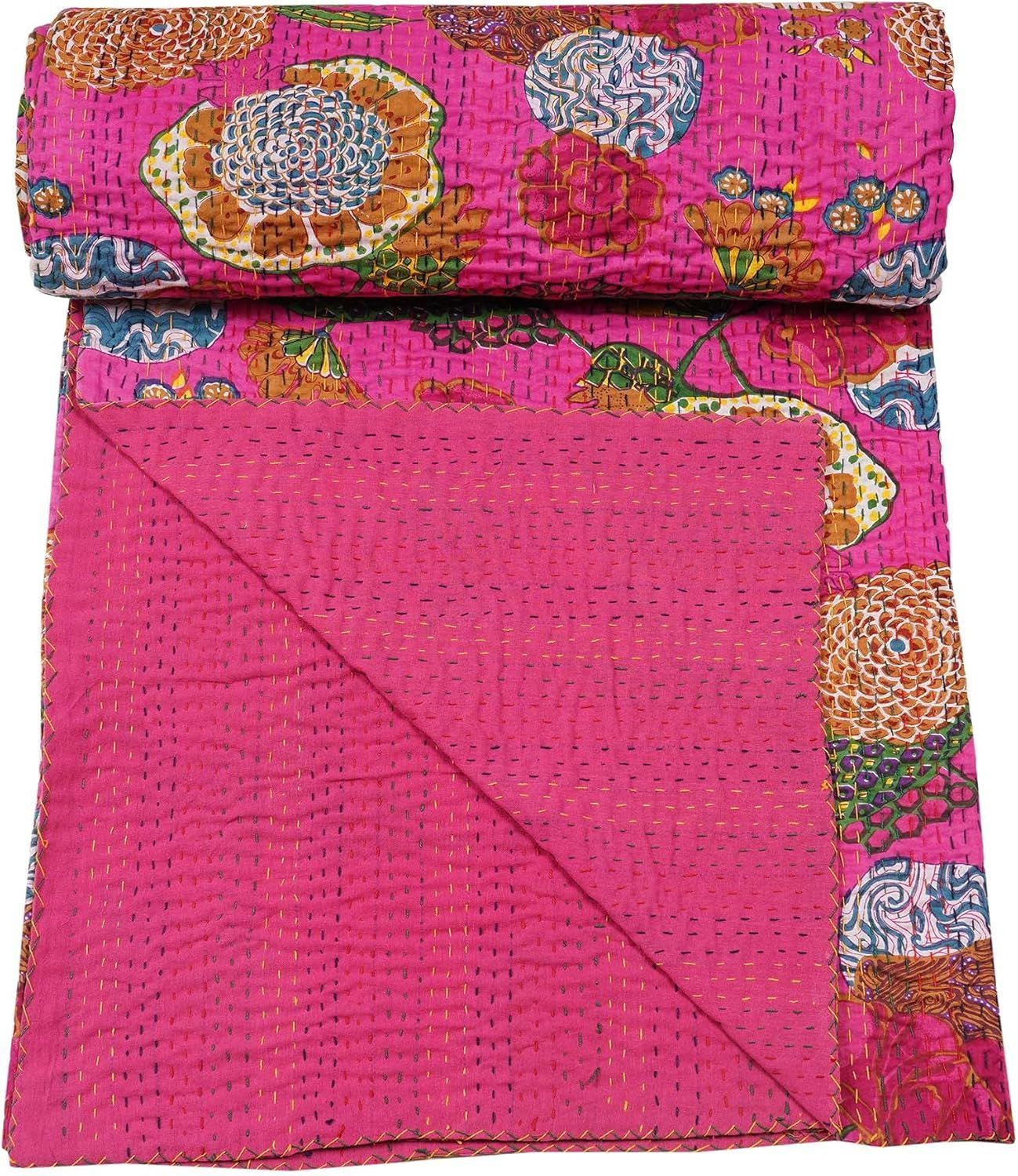 Pink Handmade Kantha Quilt Cotton Bedspread | Floral Printed Indian Quilt for Bedroom