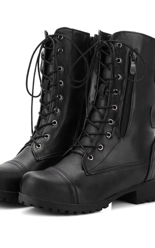Women Round Toe Boots Buckle Zipper Lace Up Shoes Chunky Heel Mid Calf Riding Boots