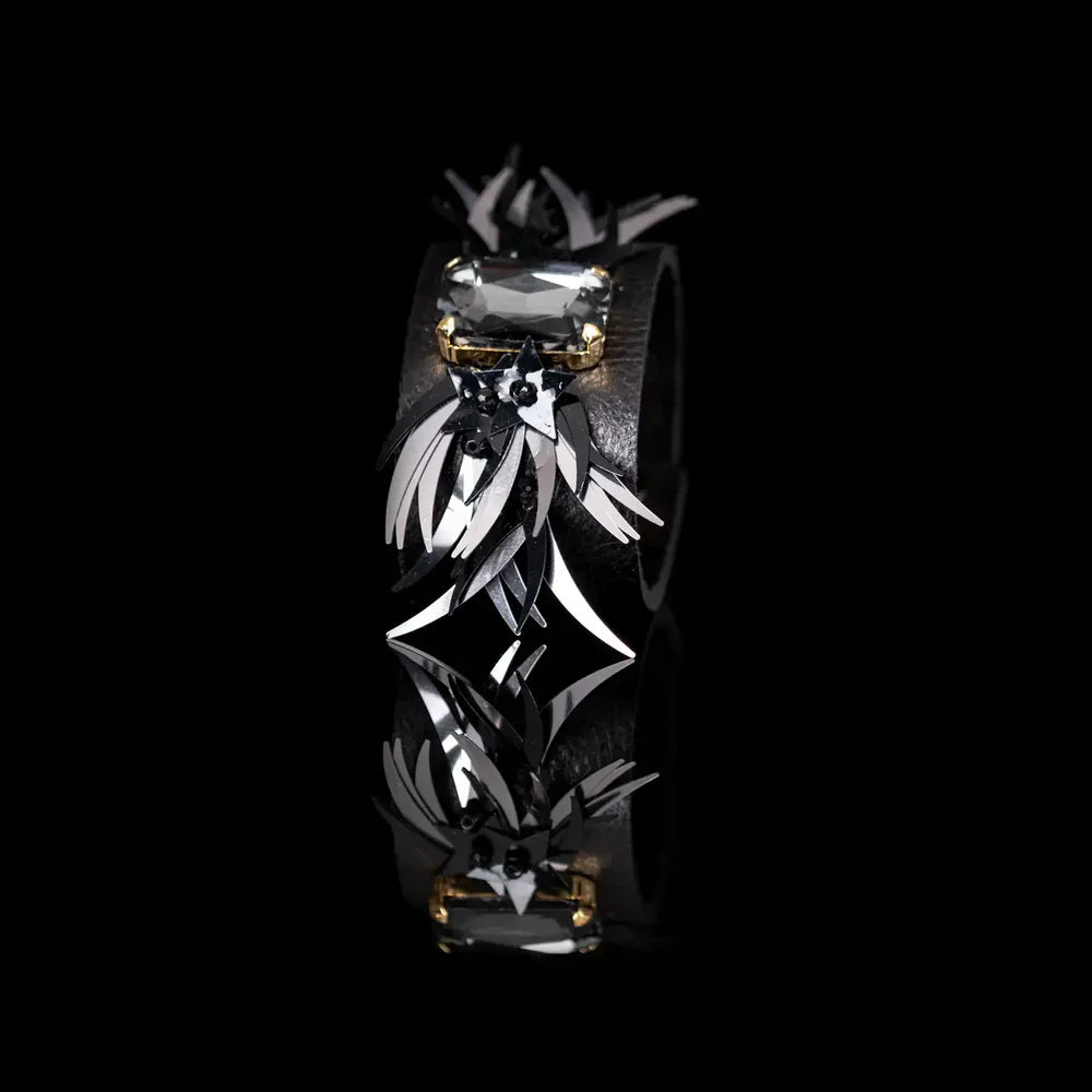 The Dark Black Leather Cuff with Faceted Crystal and Sculptural Metal