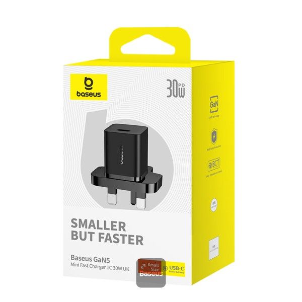 Baseus GaN5 30W Type-C Mini Fast Charger UK Plug, Black, P10110906113-00