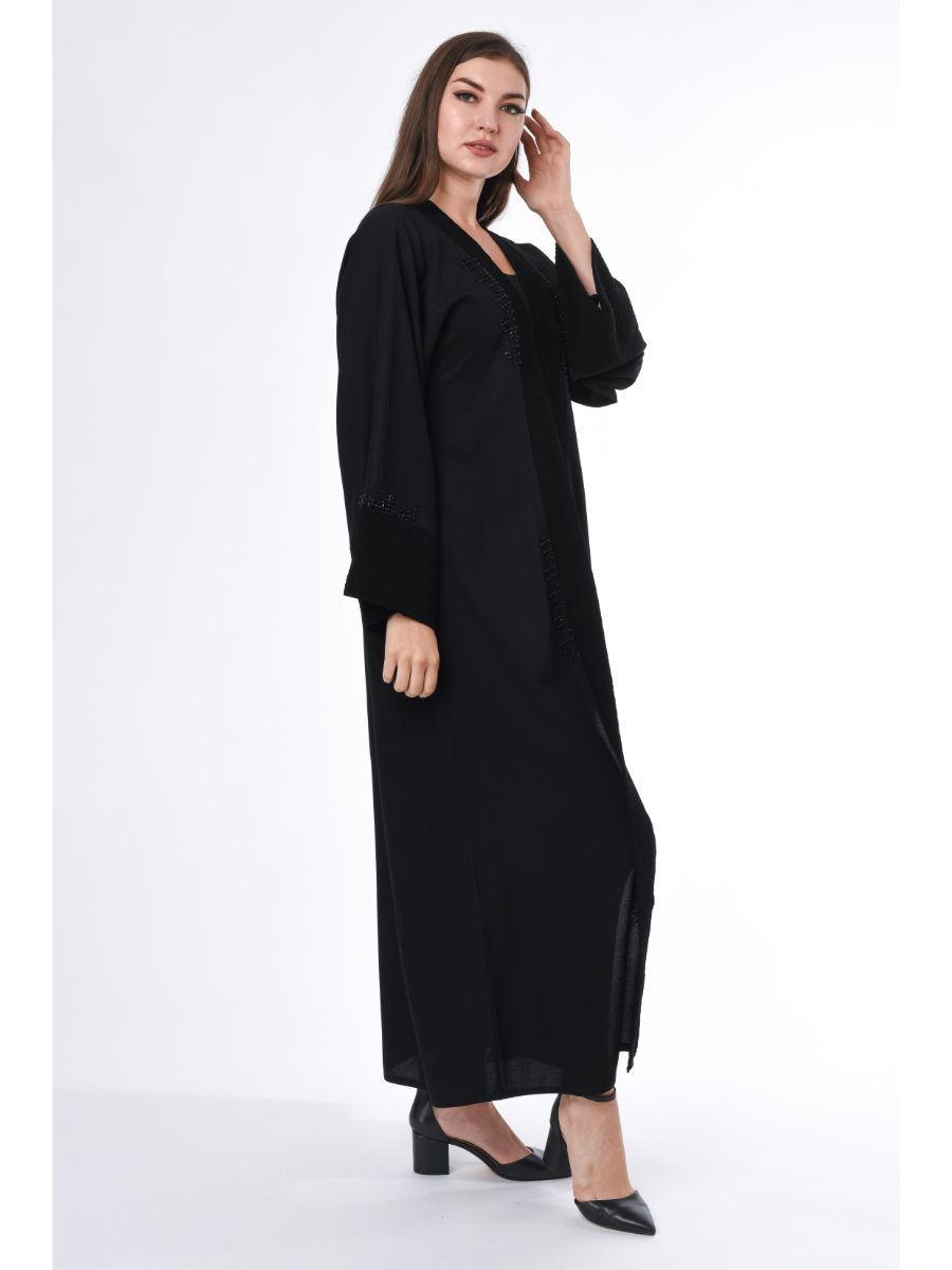 MOiSTREET Black Abaya with Velvet Panels and Hand Embroidery
