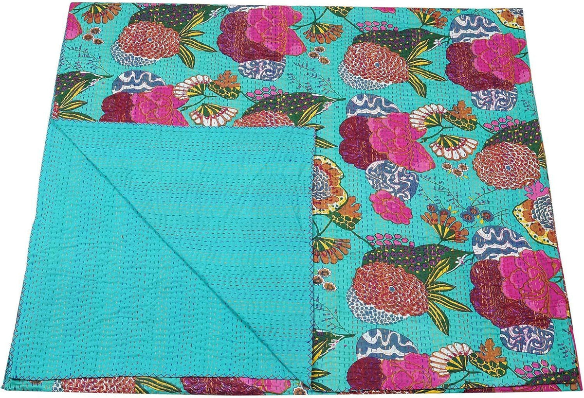Sea Green Kantha Quilt – Handmade Floral Cotton Bedspread | Boho Vintage Blanket