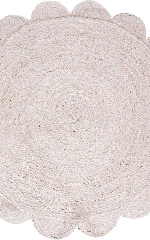 White Round Jute Rug Scalloped Edge Handwoven Carpet | Natural Boho Floor Decor