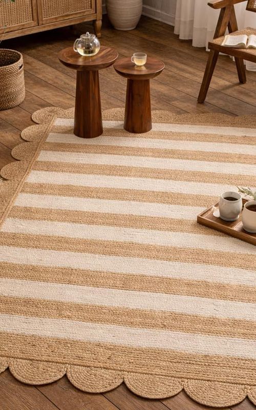 White Stripe Natural Jute Scalloped Floor Area Rug