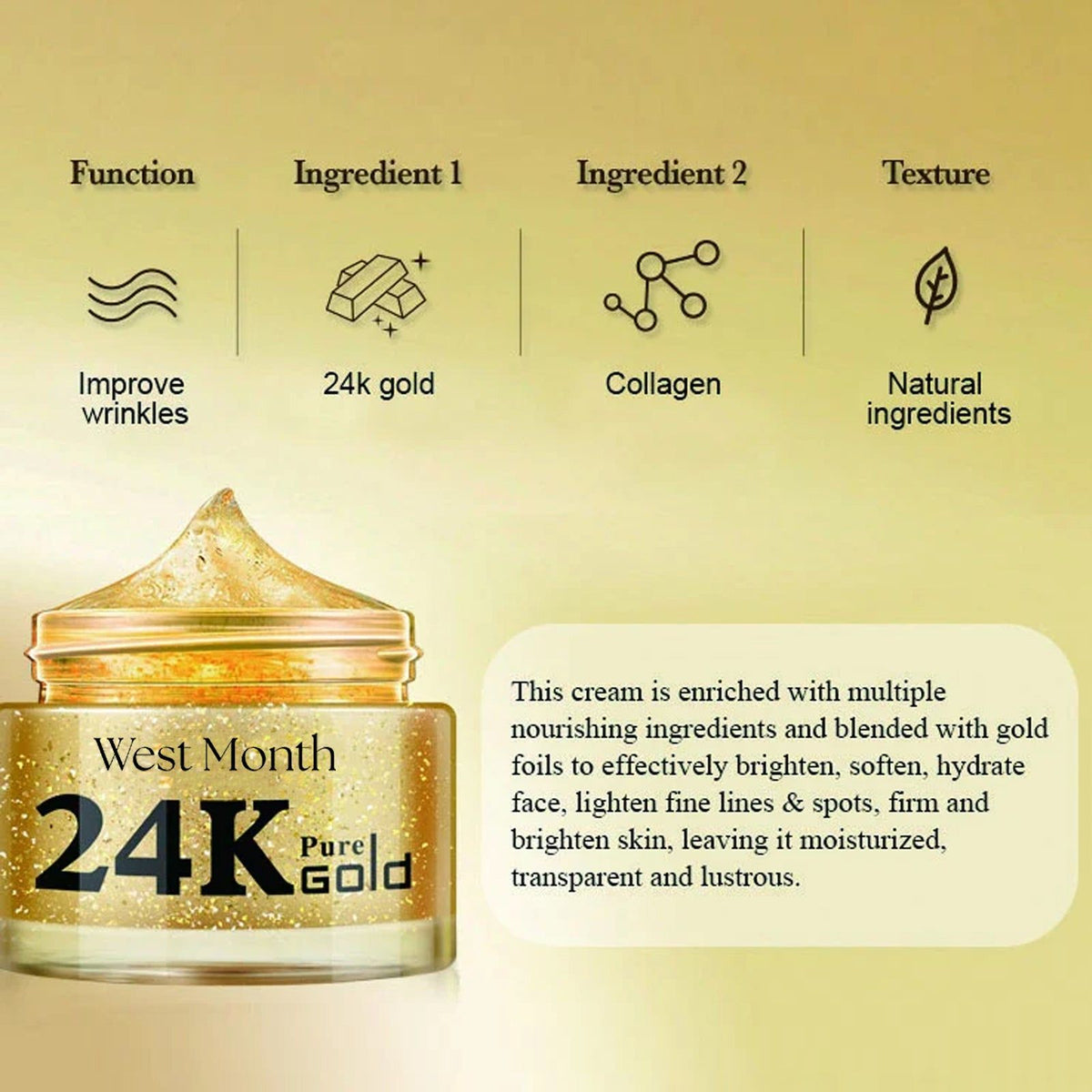 24k Gold Collagen Face Cream, Moisturizes, Tightens, Fades Fine Lines, Brightens Skin ,50ml
