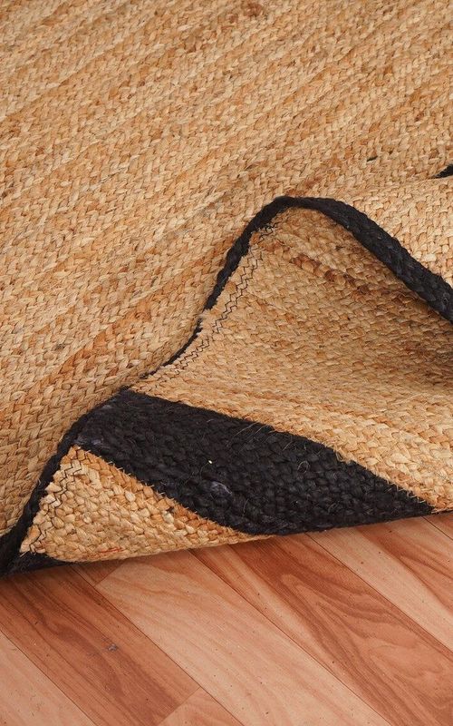 Natural Jute Rug with Black Stripes & Border | Handwoven Modern Carpet