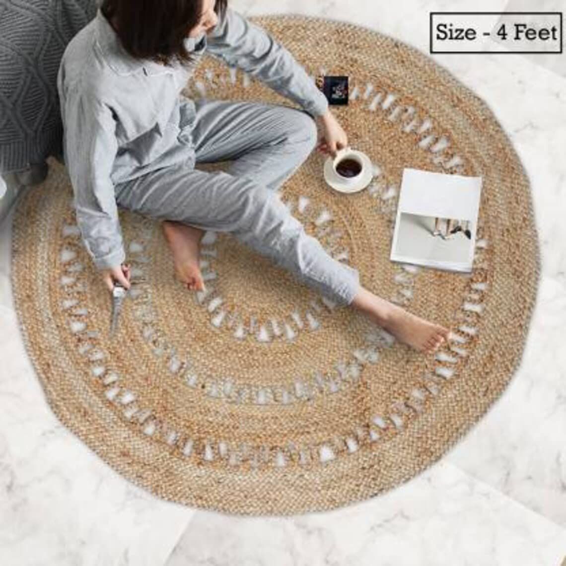 AIESY®  Jute Flower Beautiful Handwoven All Over Natural Rug