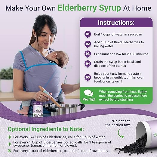 Purify Life Wildcrafted Sambucus Nigra Dried Elderberries for Black Elderberry Syrup, Gummies, Jelly, Tea, Wine 454g