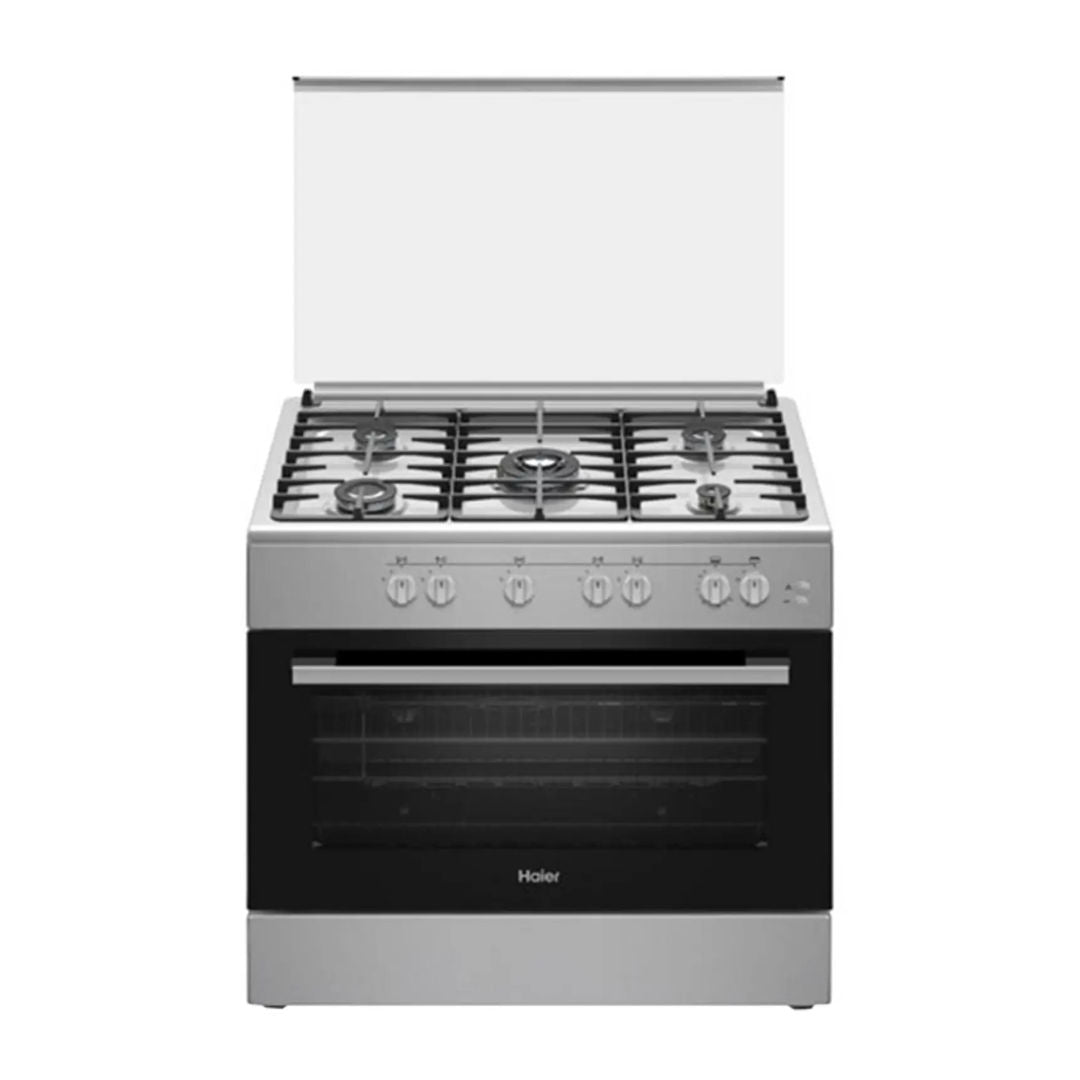 Haier HCR9060GT1 Freestanding Gas Cooker, 5 Burners, 110L Oven, Closed Door Grilling, Full Inox