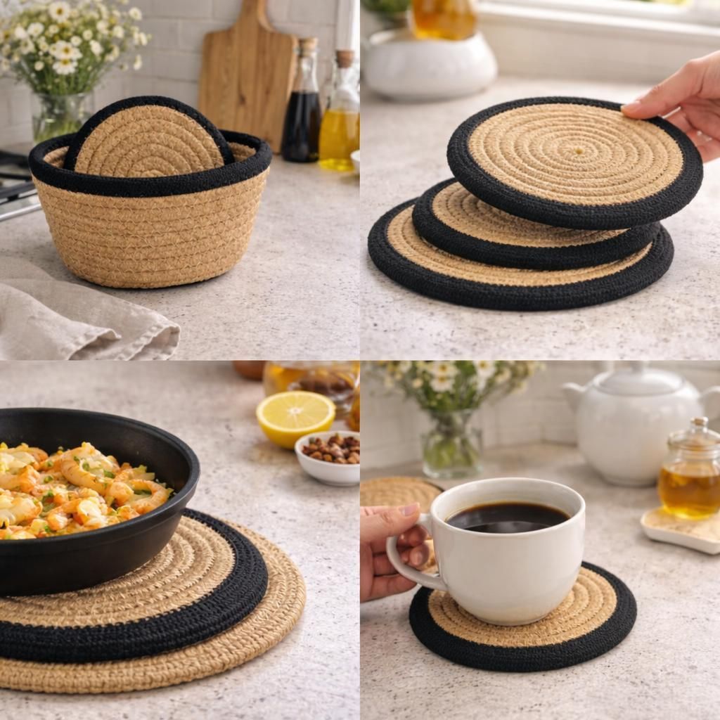 Woven Cotton Round Coaster Set of 4 with Storage Basket, Heat Resistant, 15 cm, Natural with Contrast Border (Beige/White)