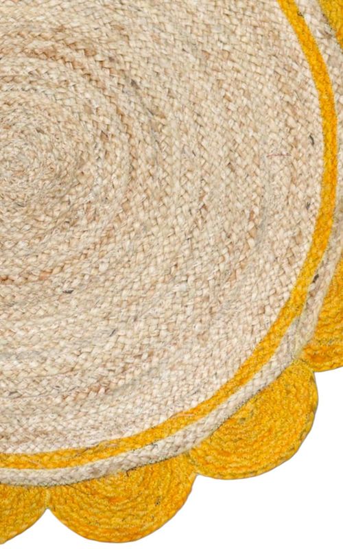Natural Jute Round Area Rug with Yellow Scalloped Border – Handmade Eco-Friendly Floor Carpet