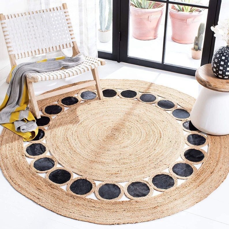 Handmade Natural Jute Area Rug with Black Dot Border | Eco-Friendly Textured Floor Carpet for Living Room & Bedroom