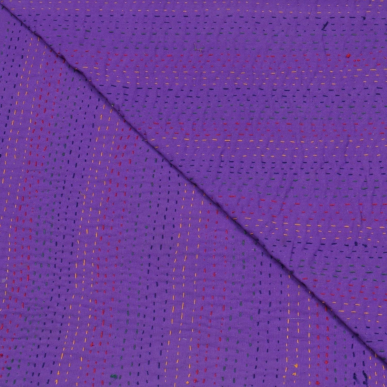 Purple Kantha Quilt Handmade Cotton Blanket | Floral Indian Bedspread for Home Decor