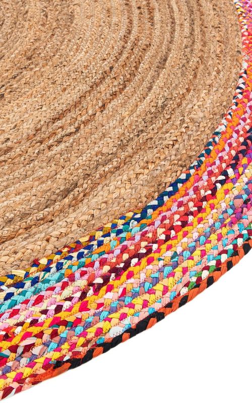 Natural Jute Round Rug with Colorful Cotton Border | Handcrafted Boho Area Rug