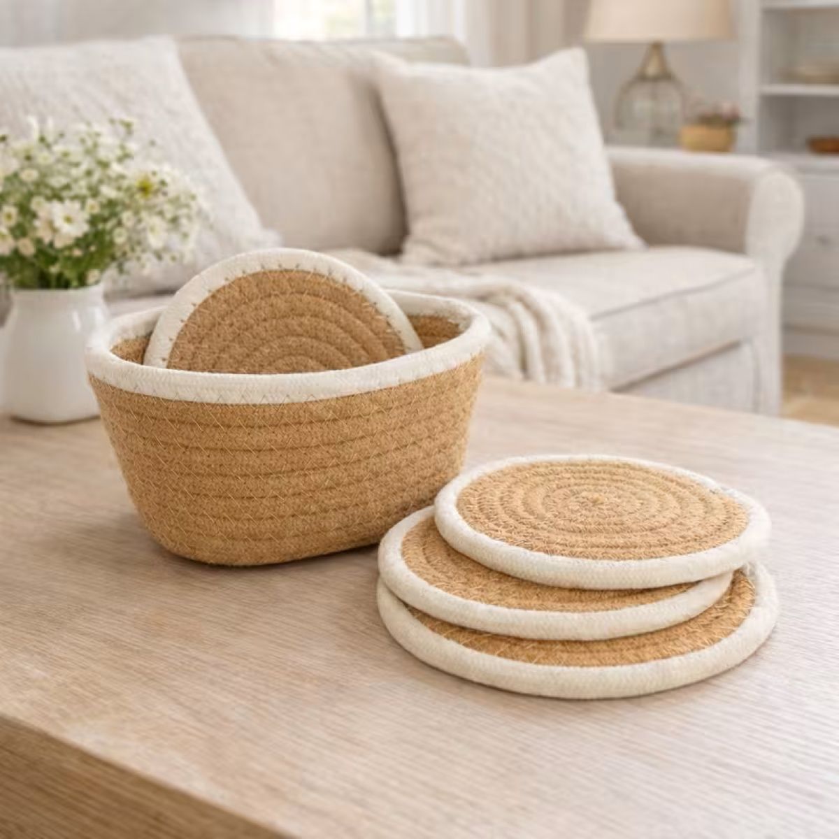 Woven Cotton Round Coaster Set of 4 with Storage Basket, Heat Resistant, 15 cm, Natural with Contrast Border (Beige/White)