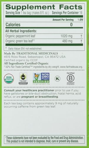 Traditional Medicinals Organic Green Tea, Peppermint, 16 Count