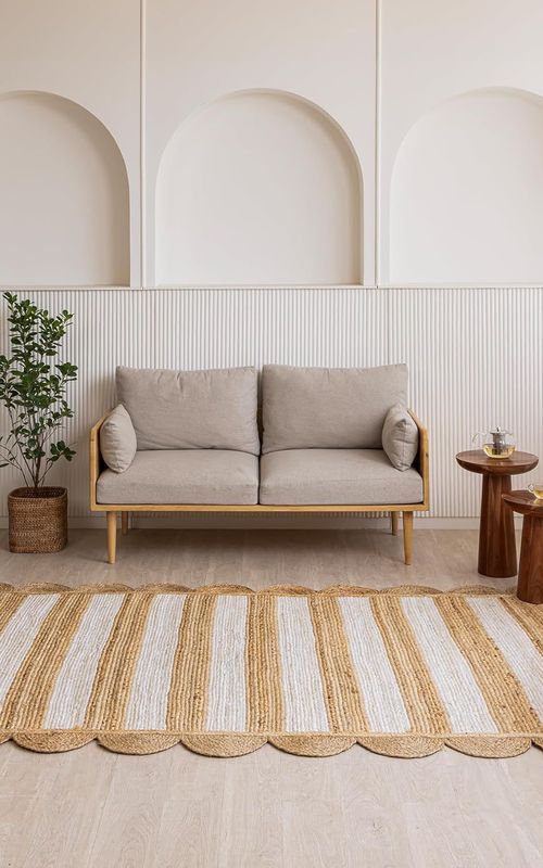 White Stripe Natural Jute Scalloped Floor Area Rug