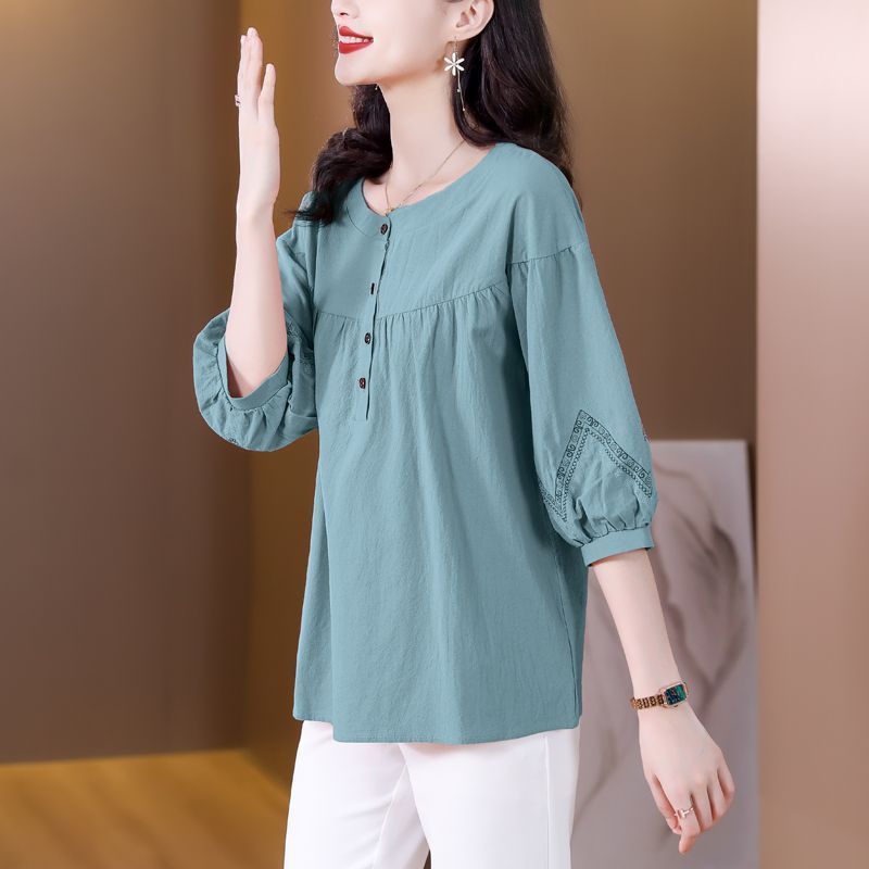 Cotton Linen Loose Fit Round Neck Short Sleeve Top For Women
