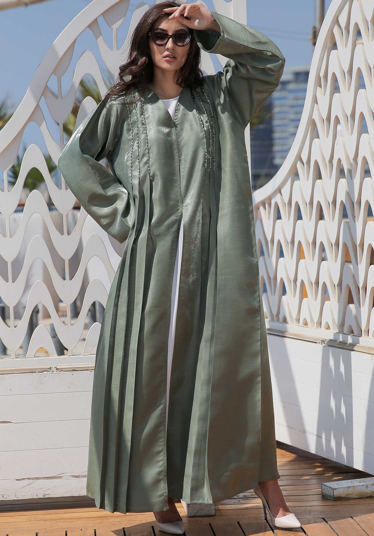 MOiSTREET Pastel Green Abaya with Handwork