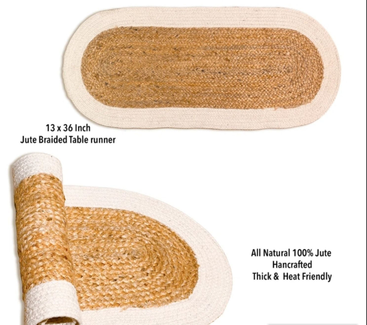 4 pcs Round Heat Resistant Dining Table Runner for Dining TaLive Beautiful ! Heat Resistant Natural Jute Braided Dining Table Runner Rustic Farmhouse Decor (Beige/White, 13X36 inch Oval)ble