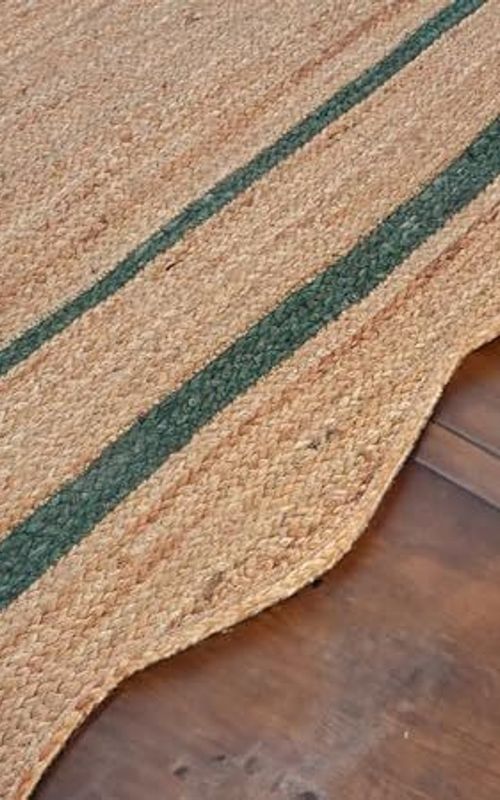 Scalloped Rectangle Jute Rug with Green Border Lines | Handmade Natural Area & Runner Carpet