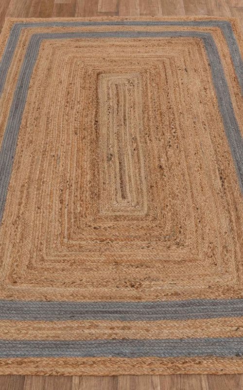 Rectangular Jute Rug with Grey Border | Handwoven Natural Area Carpet