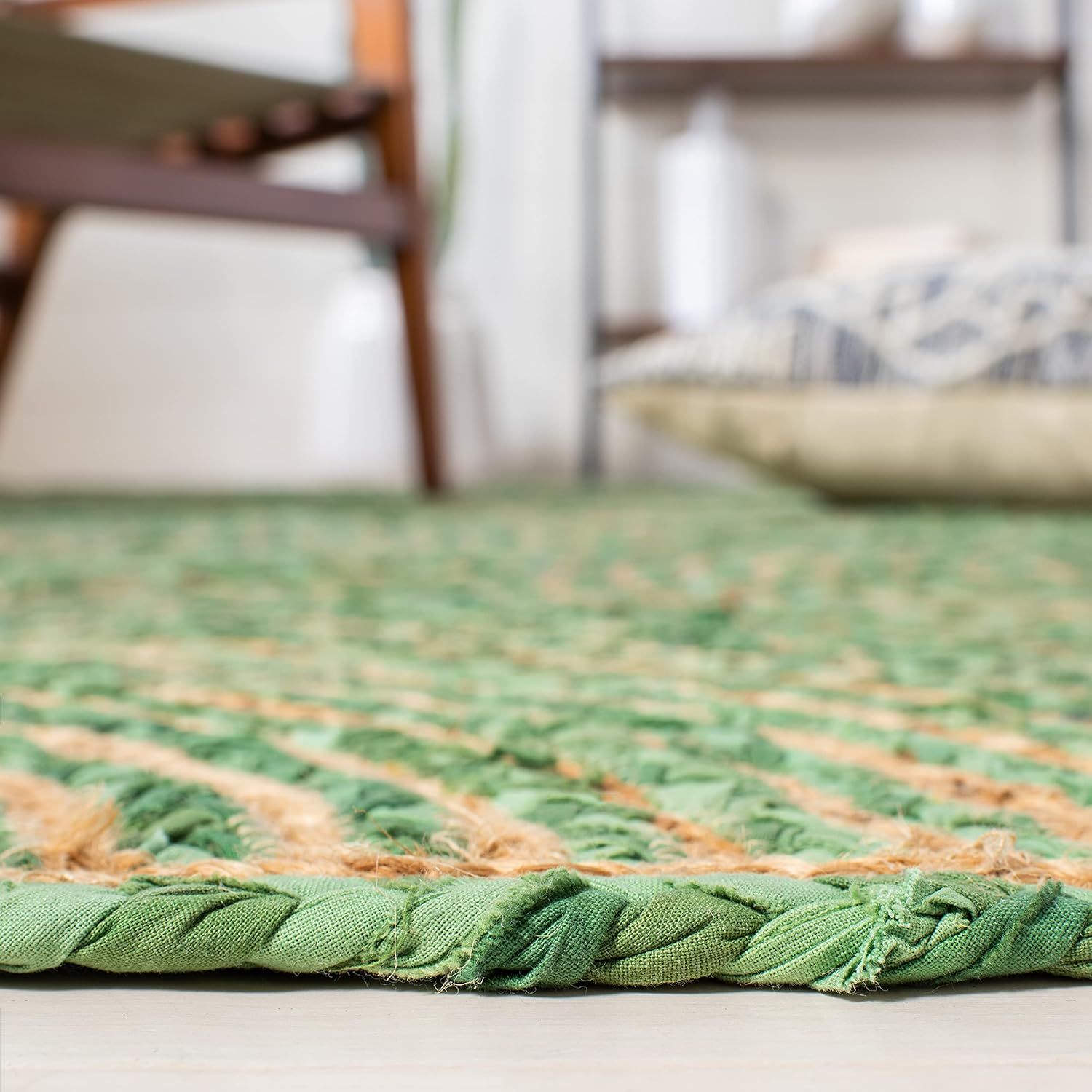 Green Jute Round Rug with Spiral Pattern | Handmade Eco-Friendly Boho Area Rug