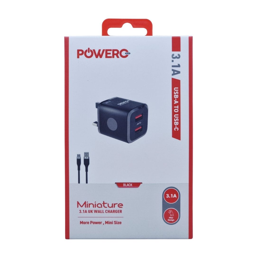 Powero Plus Miniature 3.1A USB A To USB C Uk Wall Charger With Type-C Cable, Black