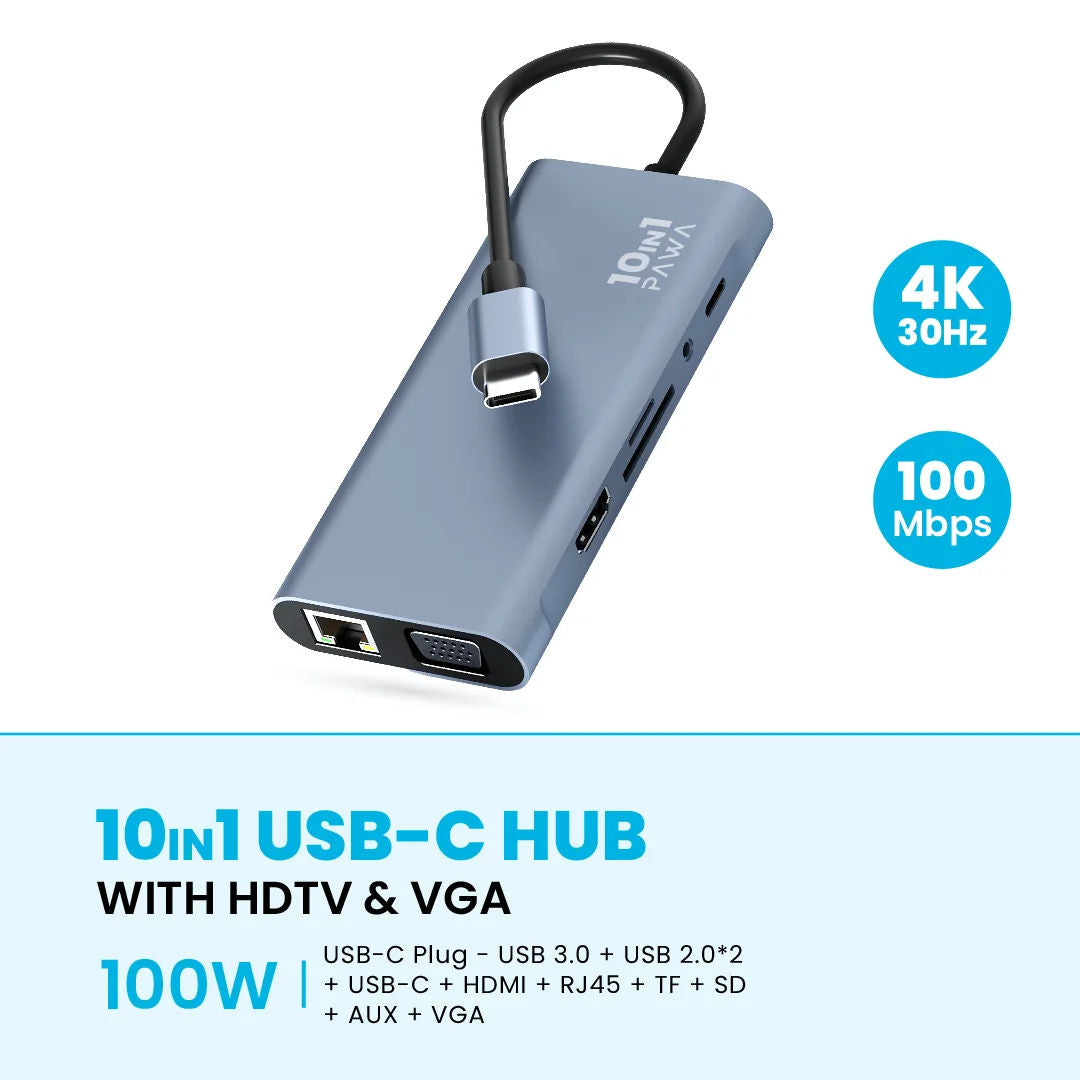 Pawa 10 In 1 USB Type-C Hub With HDTV & VGA, Grey