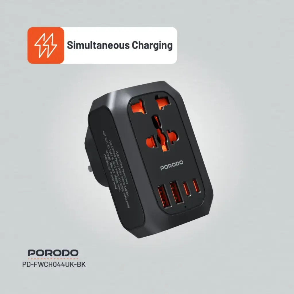 Porodo Universal AC Adapter Multi-Device Charging, 20W USB-C, 2500W Universal Socket, Black
