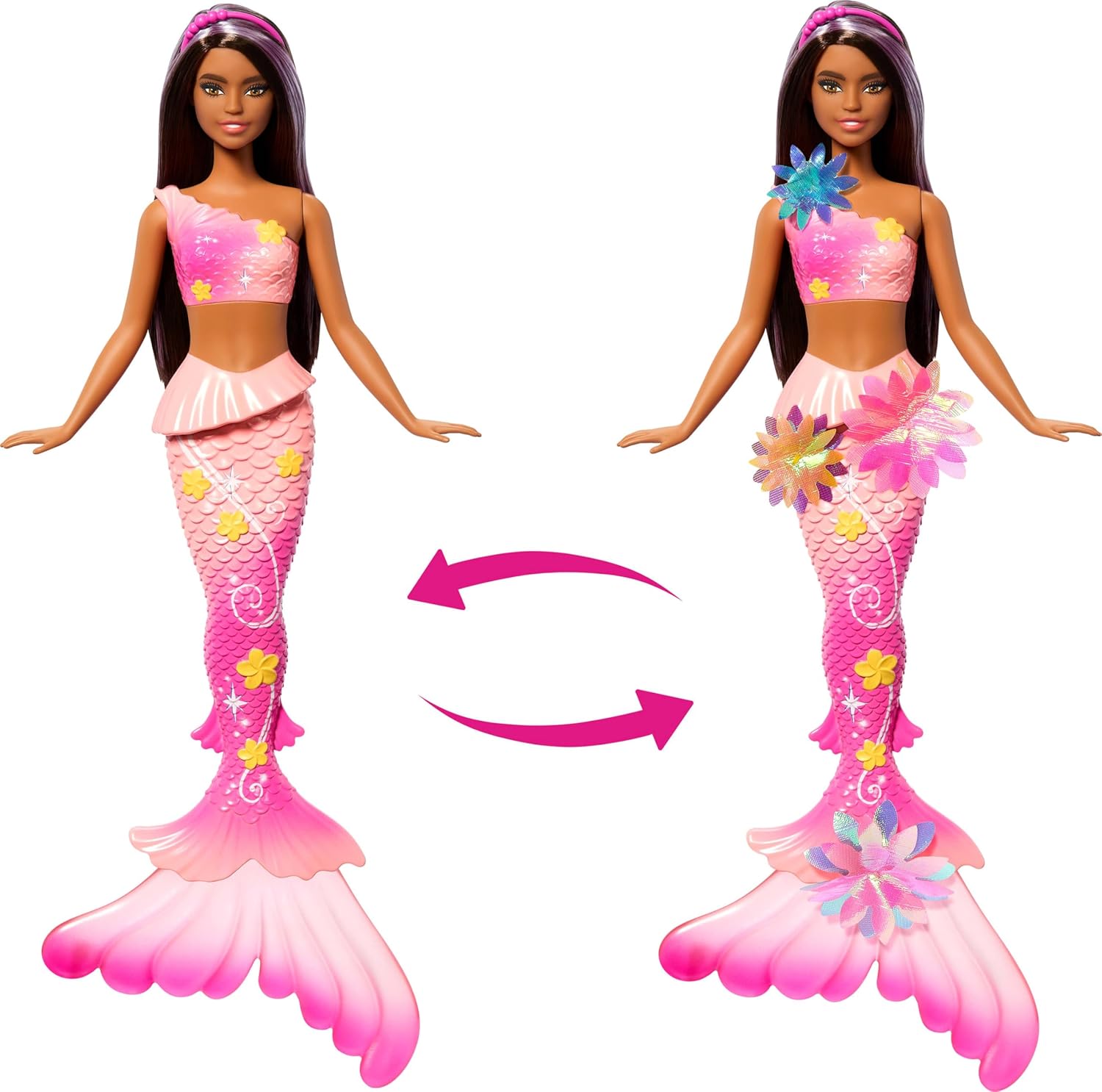 Barbie Mermaid Doll with Magical Blooming Flowers, Gradient Tail, Pearl Headband & Brown Hair with Purple Highlights, Model JDM73