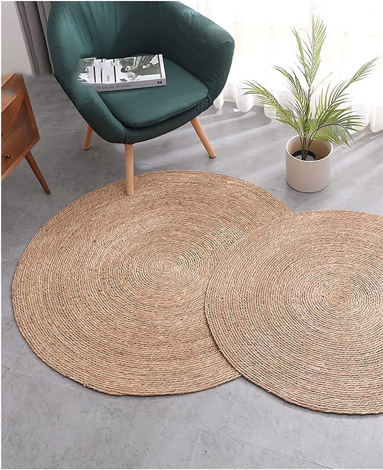 AIESY®  Beautiful Reversible Round Jute Rug )