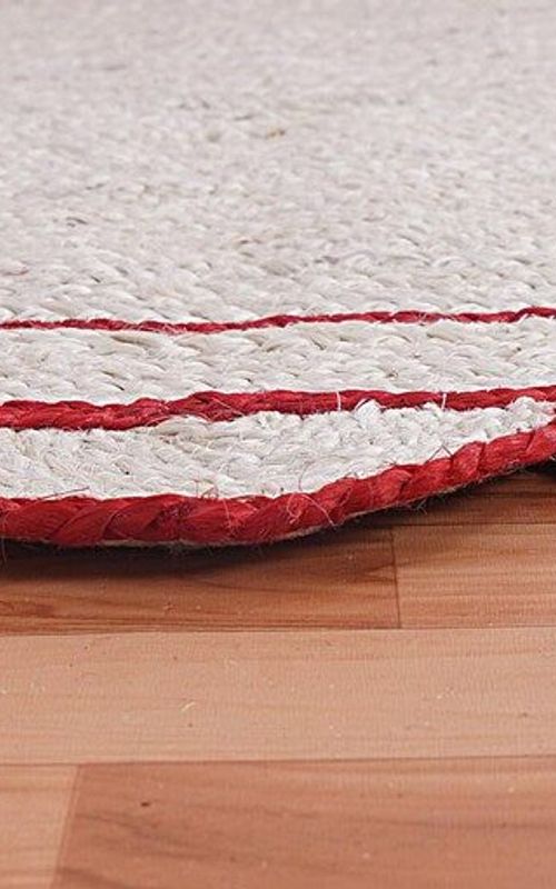 White Jute Rug with Red Border Scalloped Edge | Handwoven Rectangular Boho Carpet