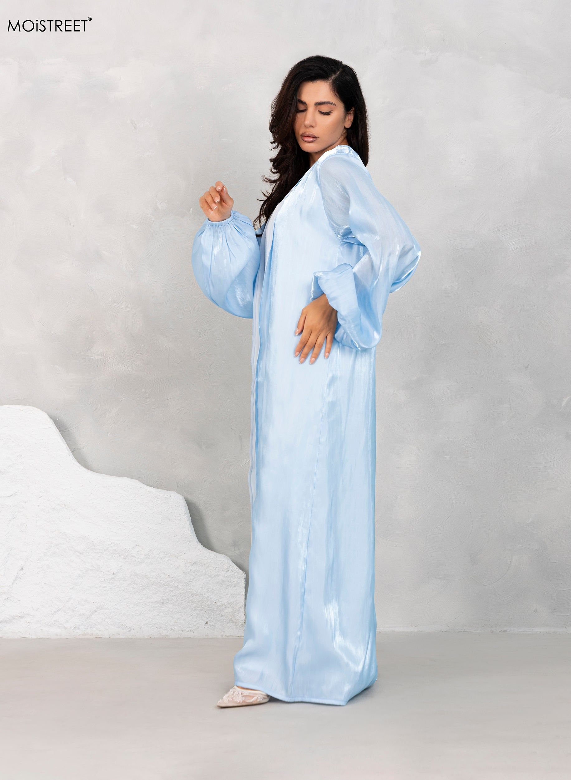 MOiSTREET Baby Blue Abaya Set Comes with Under Dress and Sheila