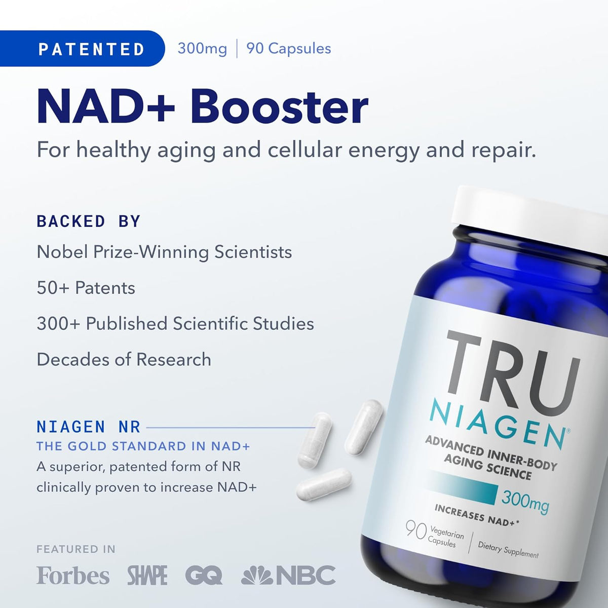 TruNiagen 2x 90ct/300mg Multi Award Winning Patented NAD+ Boosting Supplement - More Efficient Than NMN - Nicotinamide Riboside for Cellular Energy Metabolism & Repair. Vitality, Muscle Health, Healthy Aging
