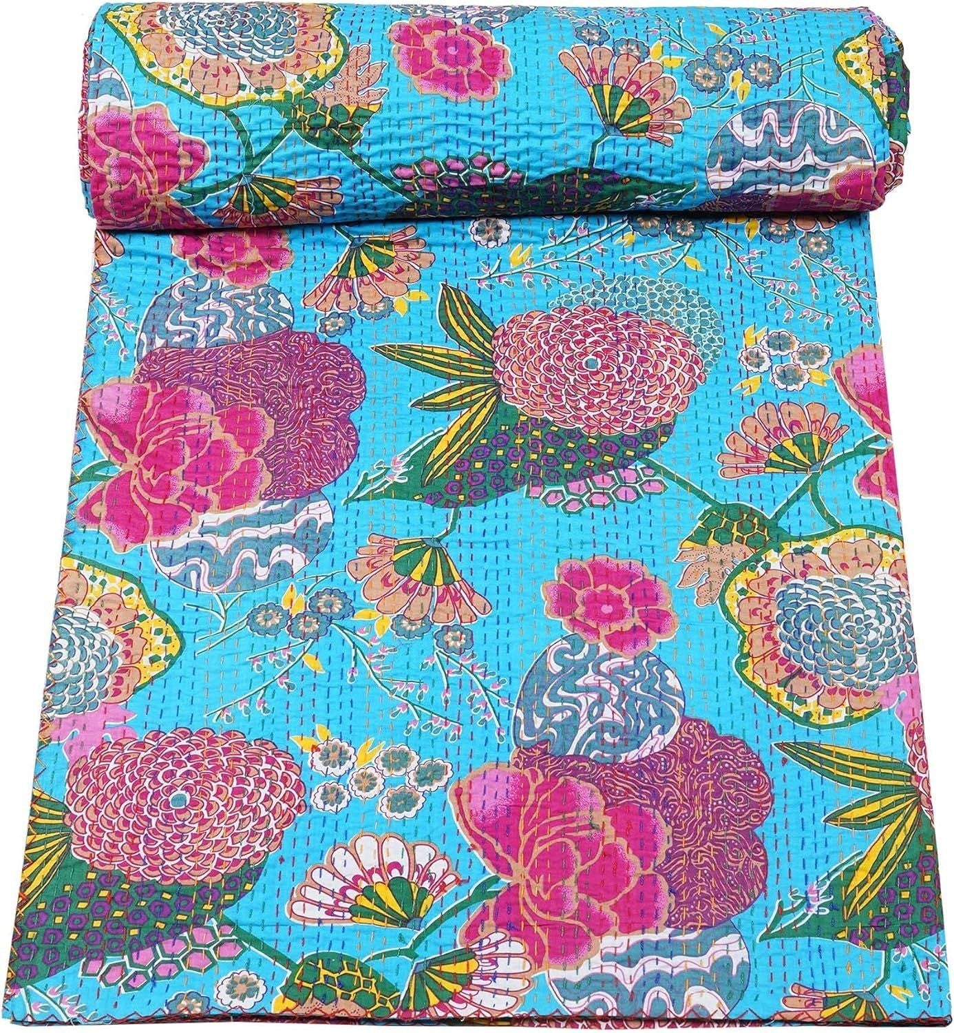 Turquoise Kantha Quilt – Handmade Floral Cotton Blanket | Boho Vintage Bedspread