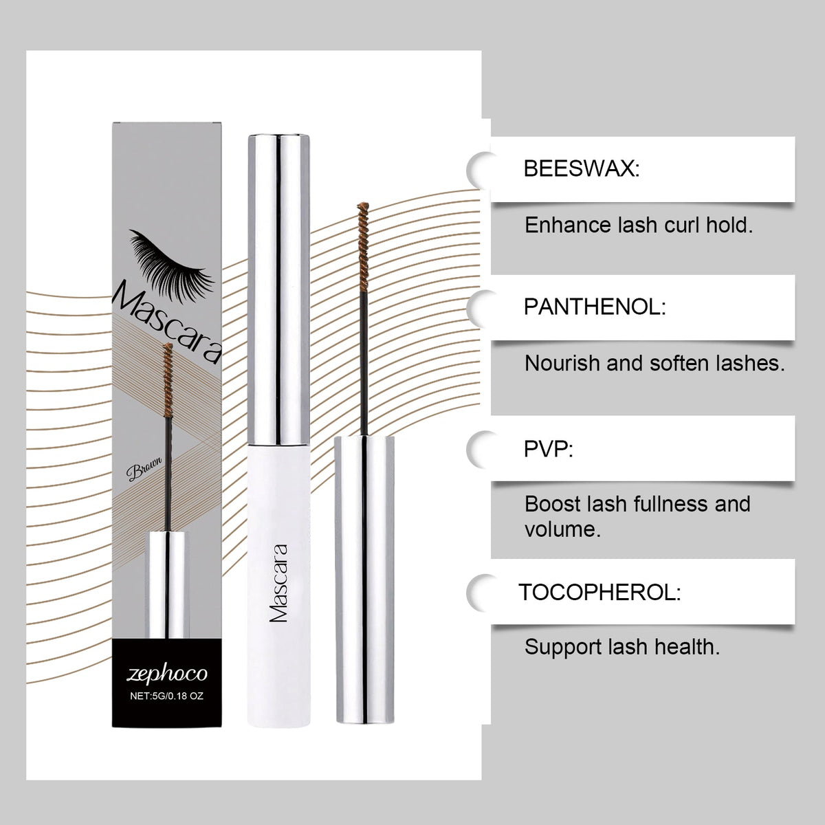 Brown Curly Mascara, Voluminous, Smudge-Proof, Natural Curl, Eye-Enhancing ,5g