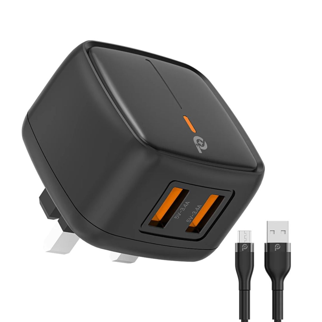 Powero Plus British 12W UK Wall Charger with USB-A to Micro Cable, Black