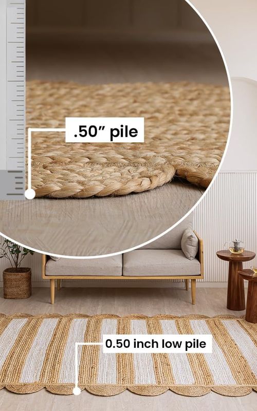 White Stripe Natural Jute Scalloped Floor Area Rug