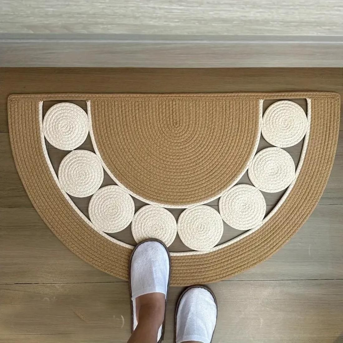 AIESY® Live Beautiful ! Semi-Circular Cotton Bath & Door Mat, Reversible Braided Design with Decorative Semi-Circle Pattern (Farmhouse, 80X45 cm)
