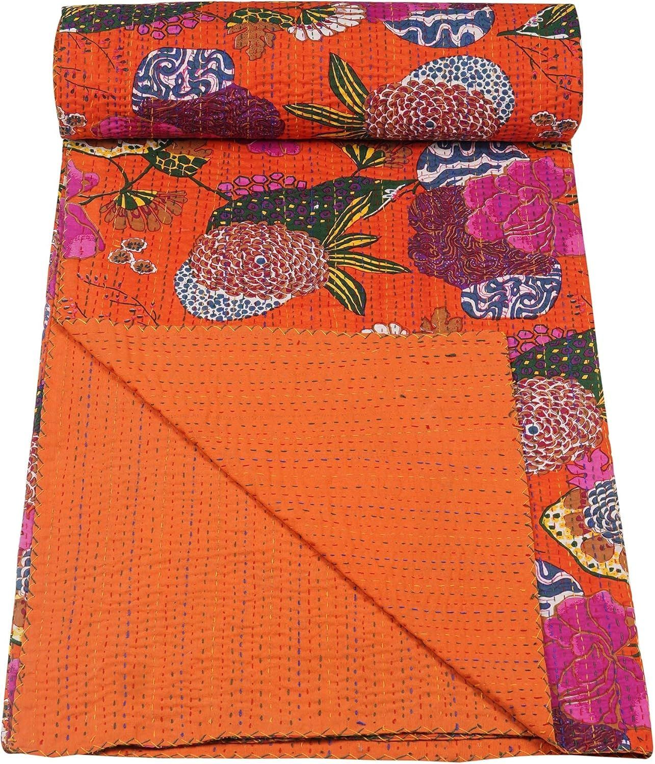 Orange Floral Kantha Quilt Cotton Bedspread | Handmade Indian Lightweight Blanket