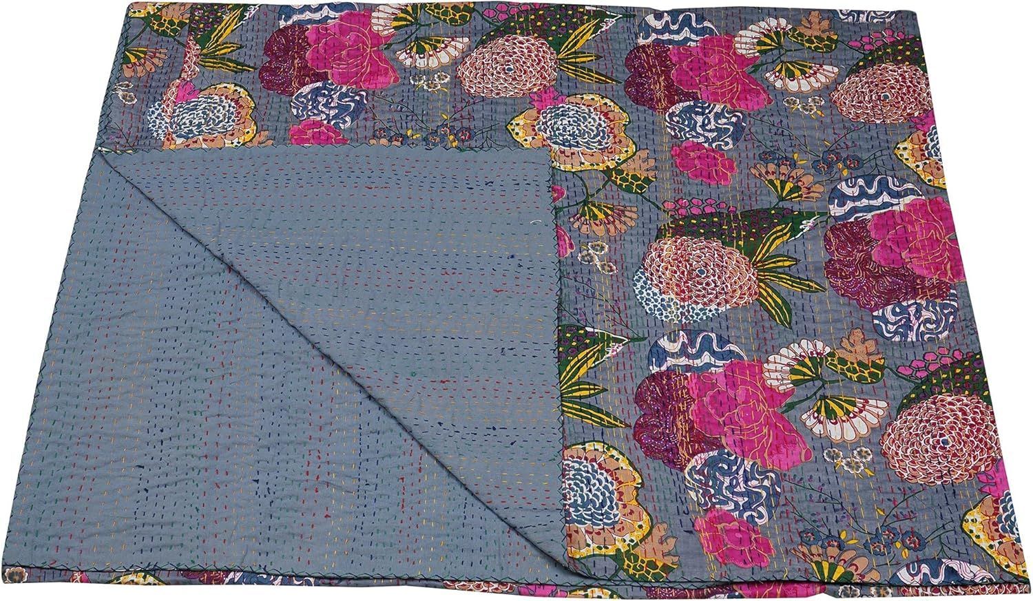 Grey Floral Kantha Quilt Cotton Bedspread | Handmade Indian Lightweight Bedding