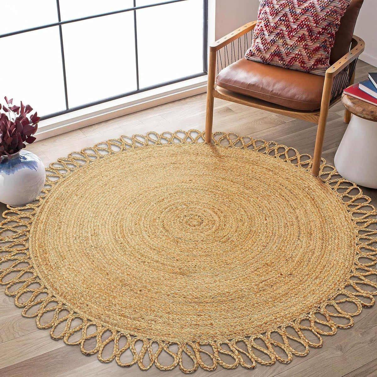 Natural Round Jute Rug with Loop Fringe | Handmade Eco-Friendly Area Rug