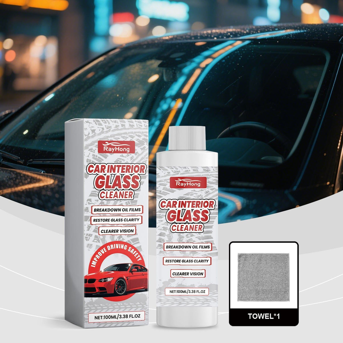 Car Cleaning Glass Cleaner, Anti-Fog, Dirt & Oil Removal, Easy Use ,1set