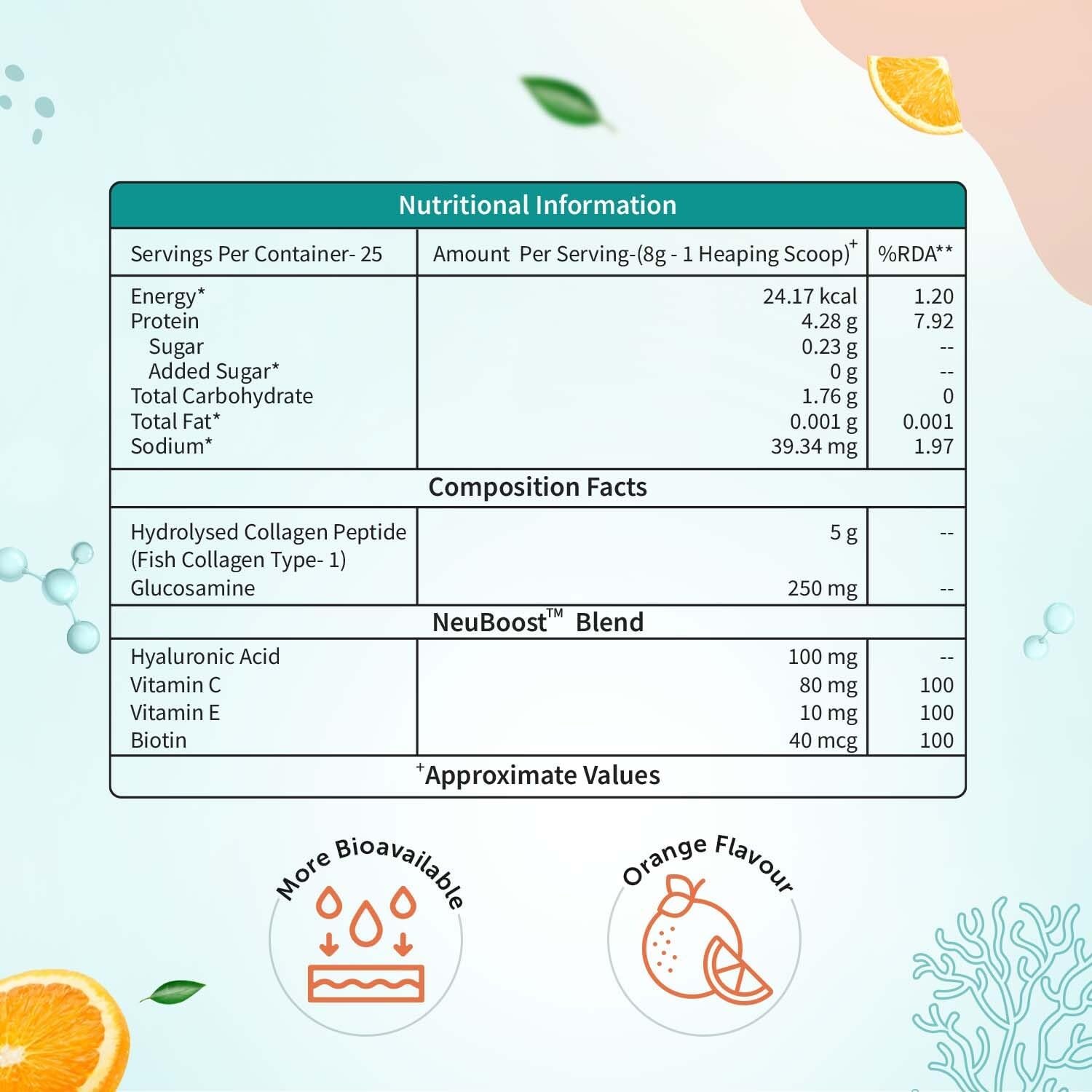 Neuherbs Skin Glow Marine Collagen Powder Supplement For Men & Women - 200g (Orange Flavour)