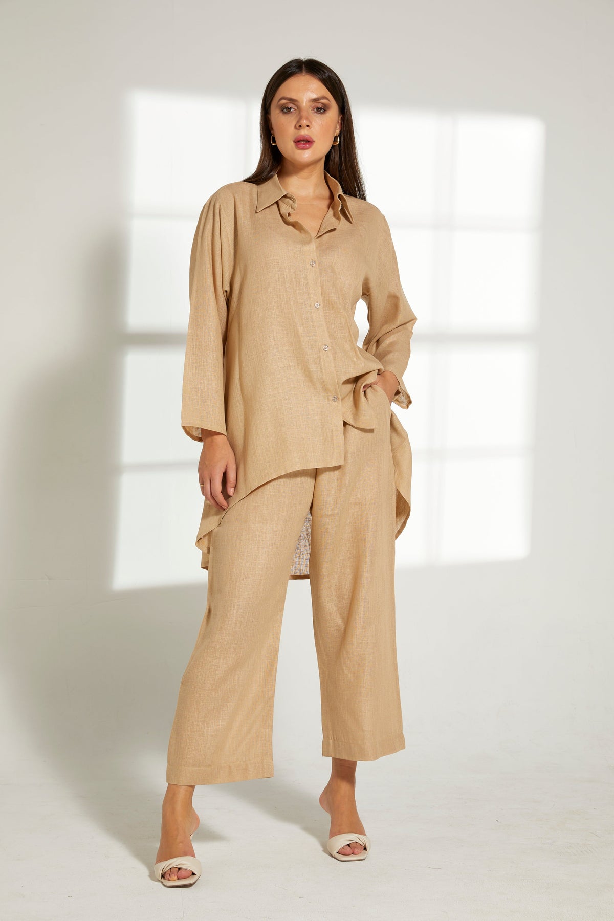 MOiSTREET Beige Linen Fabric Top and Pants Set