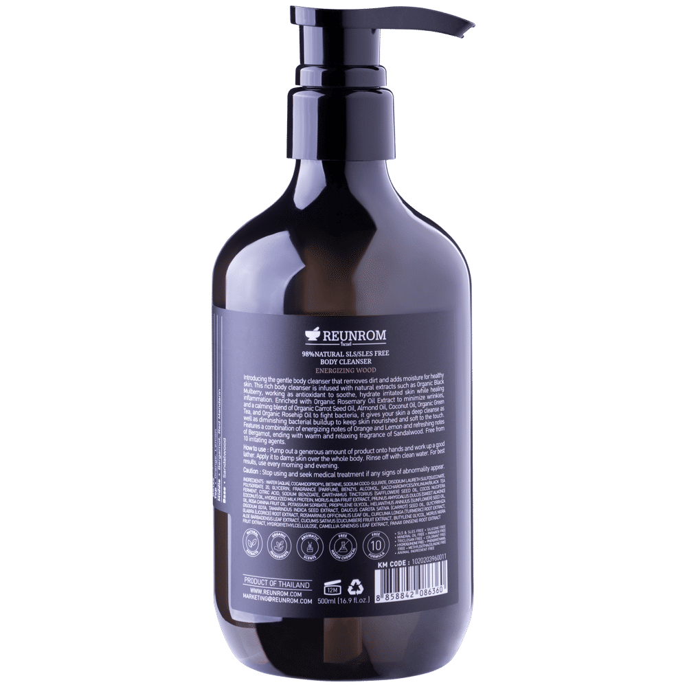 98% Natural SLS/SLES Free Body Cleanser 500ml Reunrom Energizing Wood
