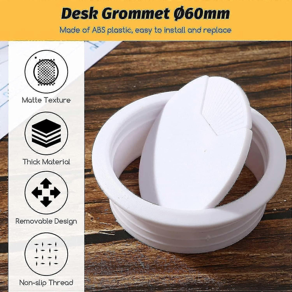Desk Cable Grommet Cord Organizer - 60mm Mounting Hole Cover for Computer Desk Wire Management (Plastic Tidy Clip)