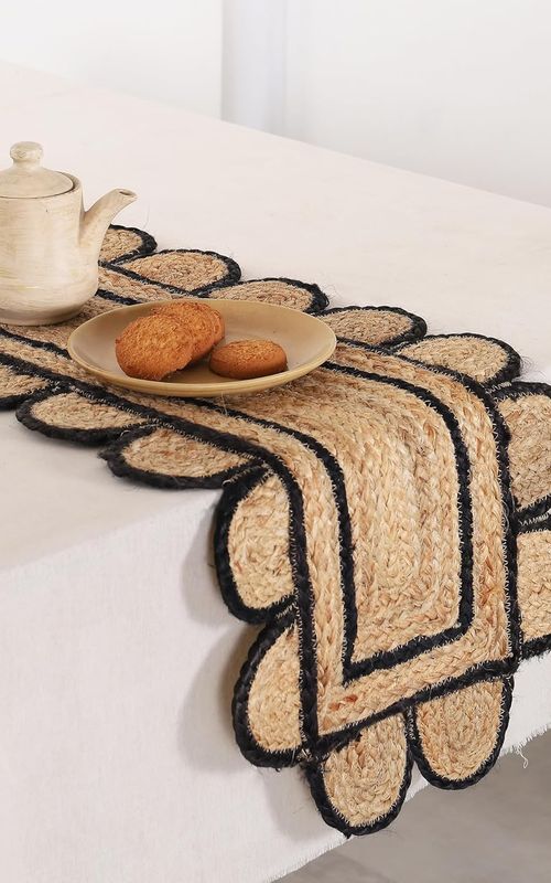 Handmade Eco Friendly Natural Jute Scalloped Black Border Dining Table Runner